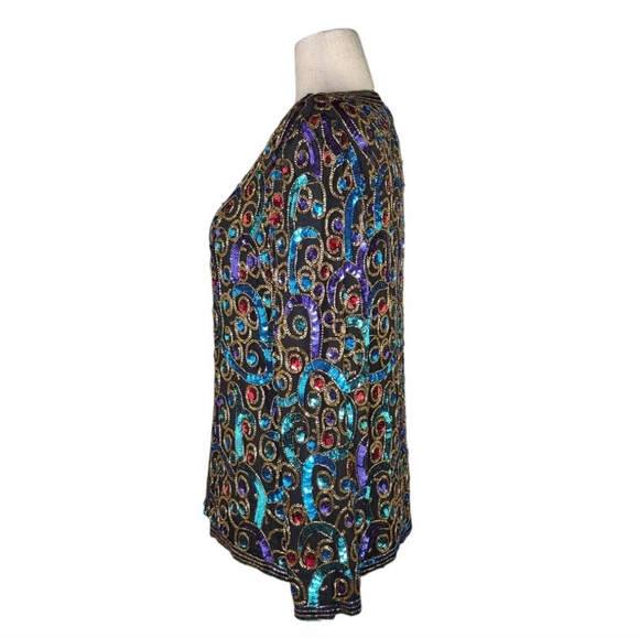Vintage Laurence Kazar Silk Sequin Beaded Jacket Black Multicolor Size L - Picture 3 of 10